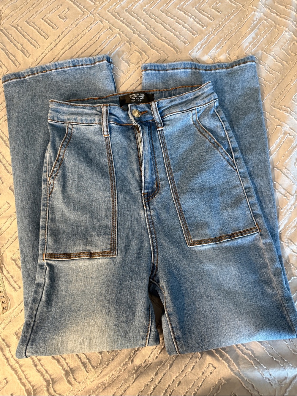 Monkey Ride Light Blue Wide Leg Patch Pocket Jeans